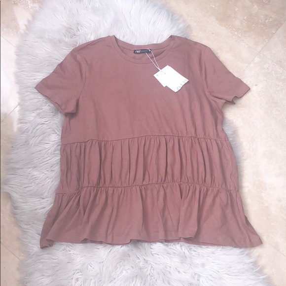 Zara Blush Ruffled Short Sleeve Tee Shirt - Picture 5 of 7